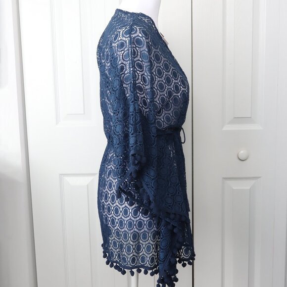All Threads Cabana Kimono Navy Blue Cover-Up - Pom fringe, Open Tie-Front - Picture 5 of 6